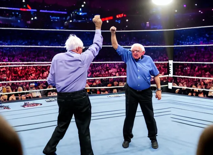 Image similar to photo still of bernie sanders in the ring at wwe wrestlemania 3 6!!!!!!!! at age 7 8 years old 7 8 years of age!!!!!!! posing on top turn buckle, 8 k, 8 5 mm f 1. 8, studio lighting, rim light, right side key light