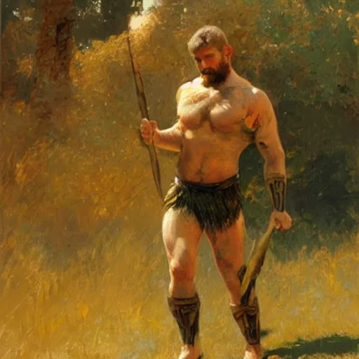 Image similar to young warrior marching, male, muscular, green eyes!!!!, straight nose!!!!!, beard, detailed face, thighs!!!!! gorgeous, amazing, muscular, intricate, highly detailed, painting by Gaston Bussiere, Craig Mullins