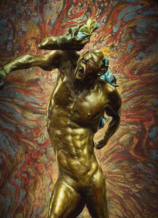 Image similar to An epic fantastic realism comic book style painting of a distressed bronze sculpture from the future by Stanislaw Szukalski, beautiful colorful flowers rain down, gilded marbled paper background, fisheye lens, unreal 5, DAZ, hyperrealistic, octane render, dynamic lighting