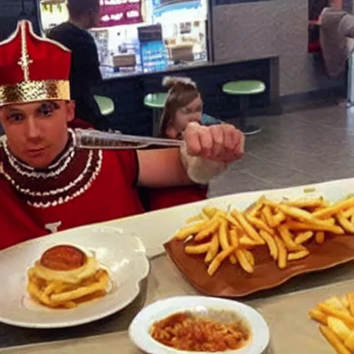 Prompt: roman centurion eating at a mcdonalds, swag