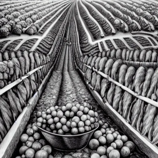 Prompt: Hyperrealism traditional austian vineyard work, painting by MC Escher