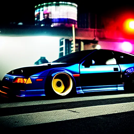 Prompt: a car 300ZX turbo drift at illegal car meet, shibuya prefecture, midnight mist streetlights, cinematic color, photorealistic, highly detailed wheels, highly detailed