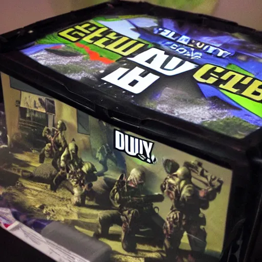 Image similar to call of duty game cube box art epic battle scene explosion tanks guns zombies