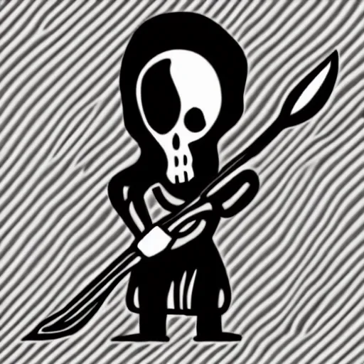 Image similar to cute cartoon drawing of a grim reaper with childish proportions holding a scythe, big head, big eyes, skull head