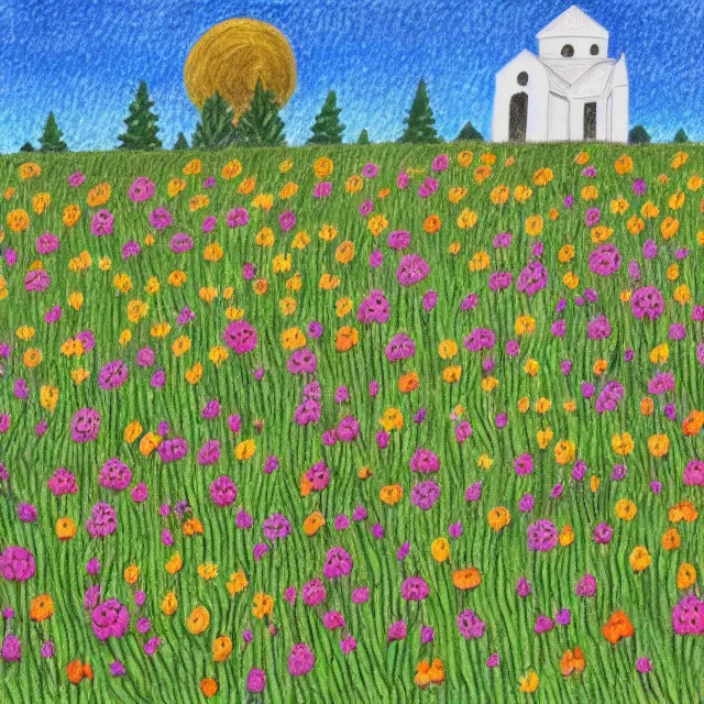 Prompt: graveyard with a church in a forest flower meadow landscape, colored pencil drawing