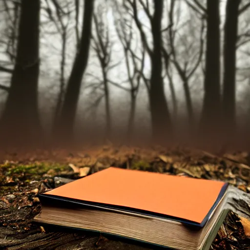 Image similar to award winning photography of a creepy book, creepy forest background, burnt orange and navy hues, 40mm lens, shallow depth of field, split lighting