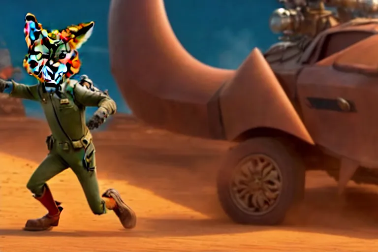 Image similar to nick wilde ( from zootopia ), heavily armed and armored facing down armageddon in a dark and gritty reboot from the makers of mad max : fury road