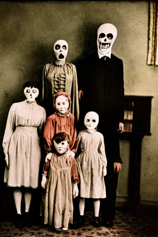 Prompt: an unsettling old colored family photograph, anxious people standing in a large haunted house, phantom ghosts in the background, cinematic, horror, photorealistic, vintage,