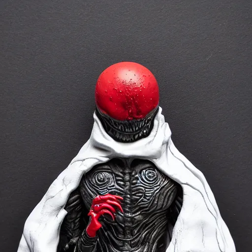 Prompt: venom lord sculptor, black paint on white porcelain, leather cloak, red smoke, intricate, wet plastic, levitating, moon, style of alex stoddard, 8 k