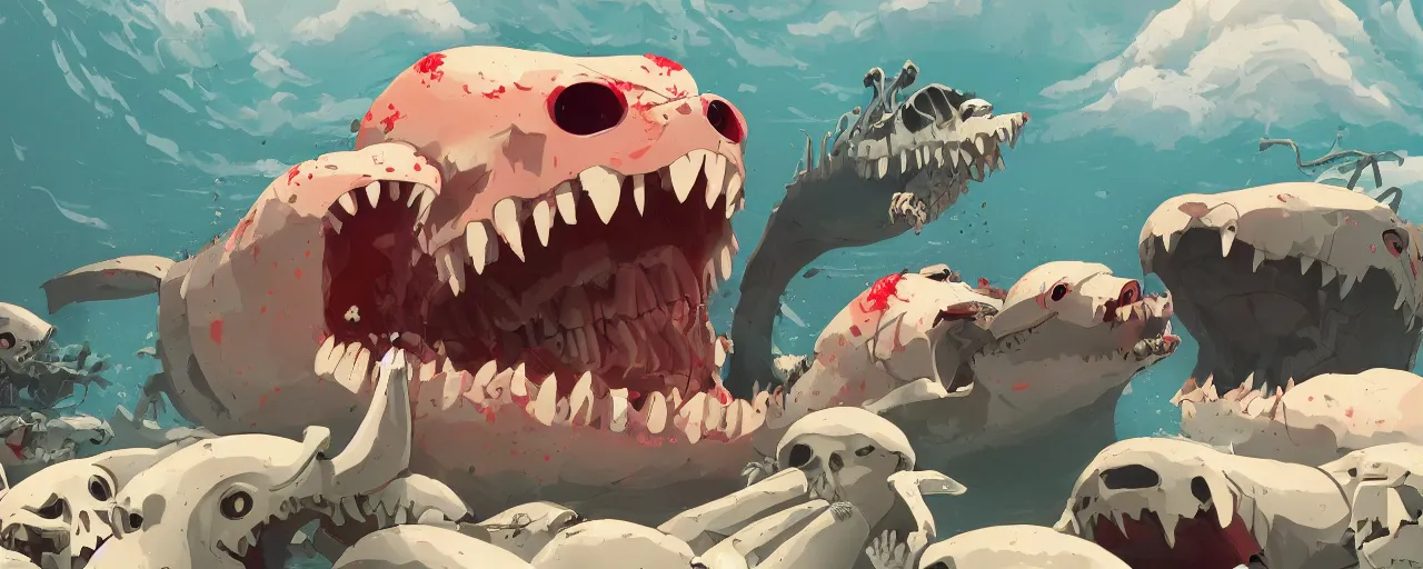 Image similar to piranhas devouring a bloody seal skeleton, blood in the water, atey ghailan, goro fujita, studio ghibli, rim light, terrifying, dark lighting, clear focus, very coherent