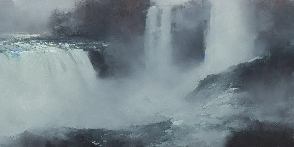 Prompt: niagara falls by jeremy mann, mist, lost edges, impasto, alla prima