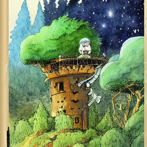 Image similar to laputa castle in the sky robot hayao miyazaki stands in a small clearing among trees, watercolor illustration for a book