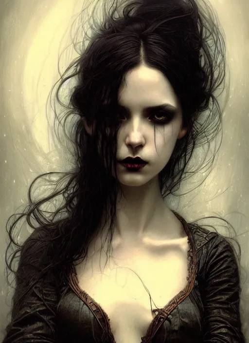 Prompt: portrait of a exquisite beautiful vampire girl with long elegant tangles of black hair, beautiful piercing eyes, gothic fog ambience, hyper realistic head, fantasy victorian art, in the style of greg rutkowski, zdizslaw beksinski, intricate, alphonse mucha, hyper detailed, smooth