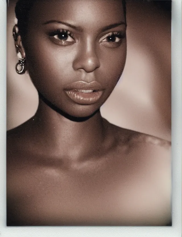 Image similar to polaroid photo with flash, portrait of a dark skin woman in top, polaroid photo bleached strong lights, kodak film stock, hyper real, stunning moody cinematography, with anamorphic lenses, by maripol, detailed