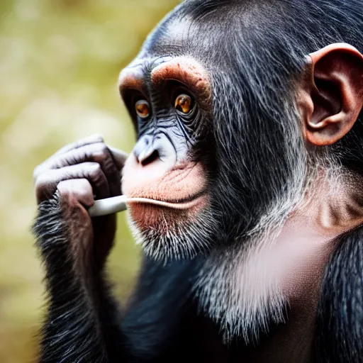 Image similar to a high detail shot of a chimp wearing a suit and smoking