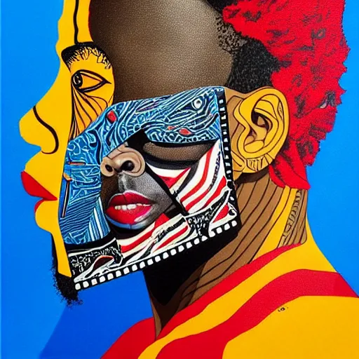 Image similar to a portrait of a black man with side profile blood in ocean intricate details :: side profile :: futuristic mask :: by vikings and Sandra Chevrier