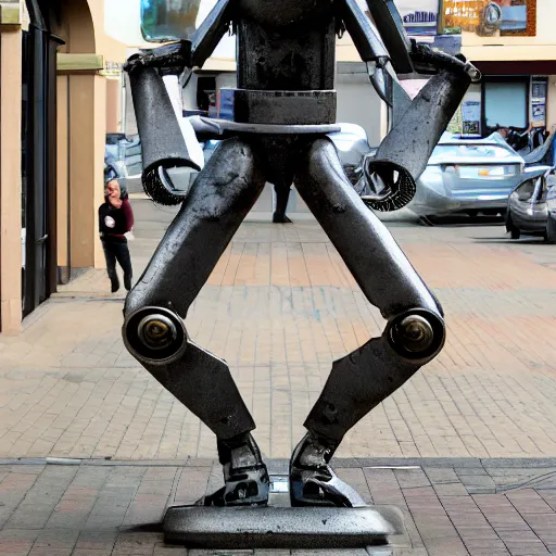 Image similar to Wheatley from portal 2 as a large metal statue in town center