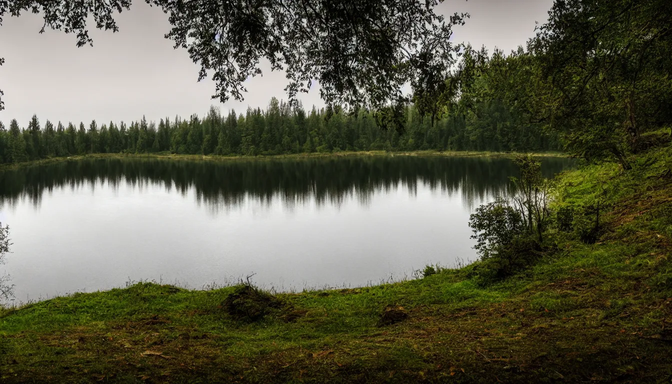 Prompt: eastern european, small lake view from grassy hill, shore, nature, atmospheric, scary, claustrophobic, ambient vibe, very detailed, high resolution, 8 k