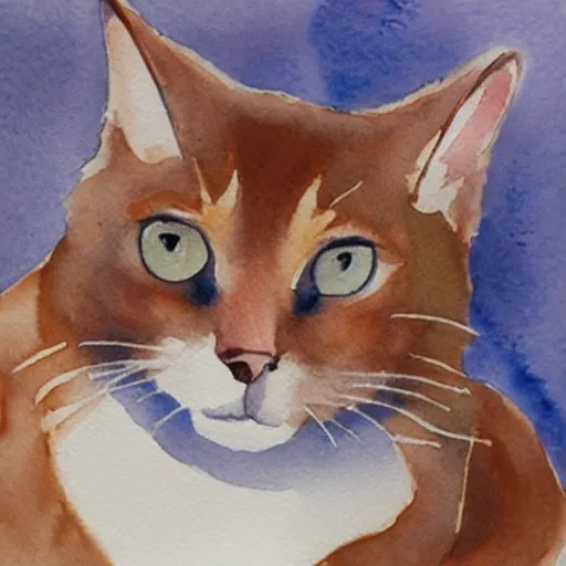 Image similar to simple watercolor painting of an entirely brown cat, light brush strokes,