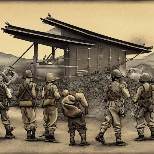 Image similar to painting of ww2 Japanese inantry! , desaturated, old school, detailed background, cell shaded, illustration, Trending on artstation