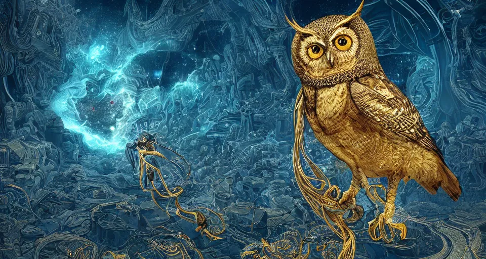 Prompt: the portrait of a smiling golden owl in the depths of the universe, an ultrafine hyperdetailed illustration by kim jung gi, irakli nadar, intricate linework, bright colors, octopath traveler, final fantasy, unreal engine 5 highly rendered, global illumination, radiant light, detailed and intricate environment, - h 1 0 2 4