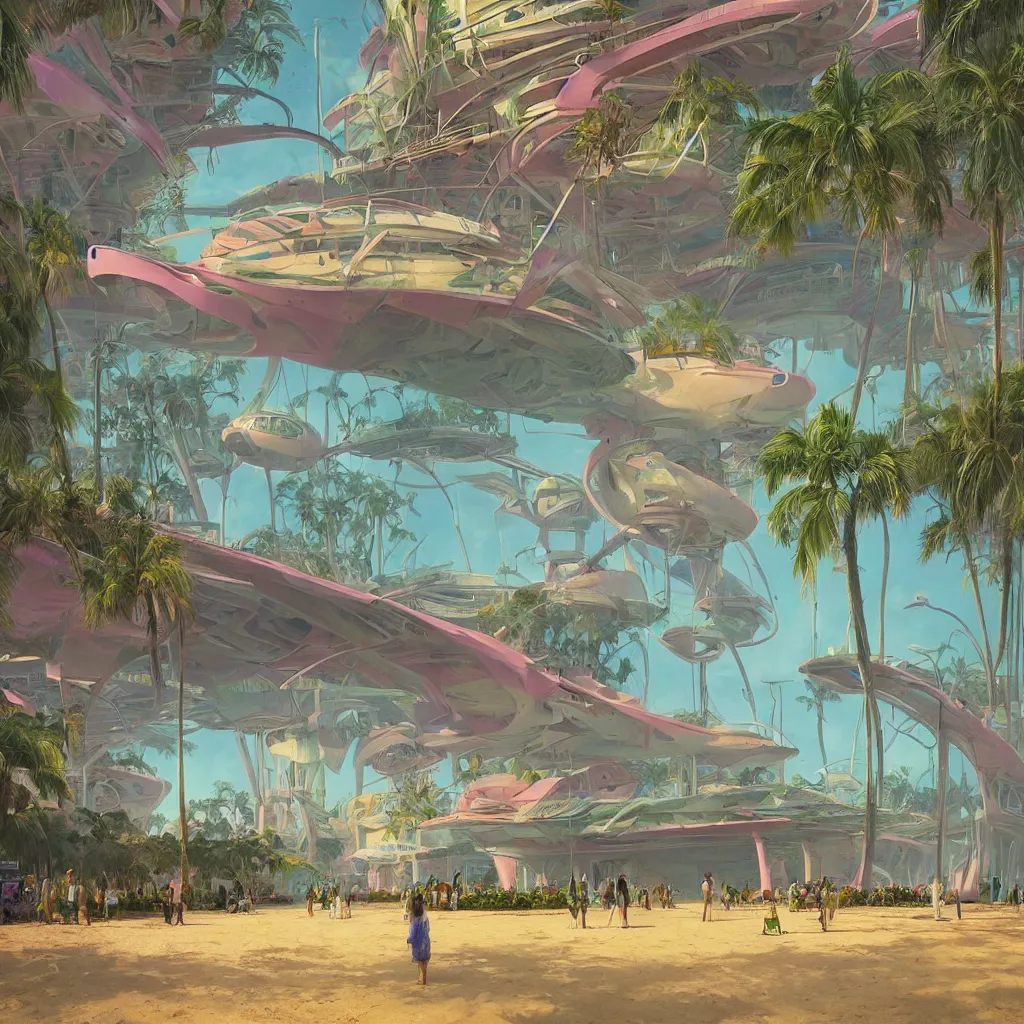 Prompt: tropical gdansk, science fiction, extremely detailed, sharp focus, pastel colors, intricate, hard light, illustration, volumetric lighting, digital painting, by roger dean, by santiago calatrava, by simon stalenhag