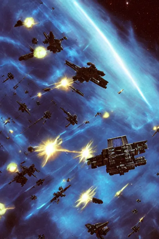 Prompt: hubble photograph of a space marine carrier fleet exiting hyperspace