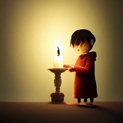 Prompt: a small child holding a candle in a room full of monsters, in the style of little nightmares, intricate digital art, octane, unreal 5, photorealist, fog, sharp, studio, 8 5 mm sigma art lens, trending on artstation, breathtaking, groundbreaking, award winning