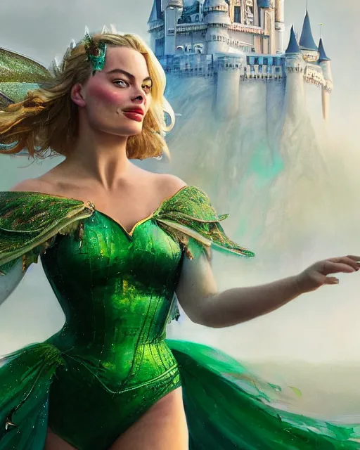 Prompt: a close - up of margot robbie as a fairy wearing a magical emerald leotard with the disney castle in the background, hyper realistic face, green eyes, fantasy art, in the style of greg rutkowski, illustration, epic, fantasy, intricate, hyper detailed, artstation, concept art, smooth, sharp focus, vibrant