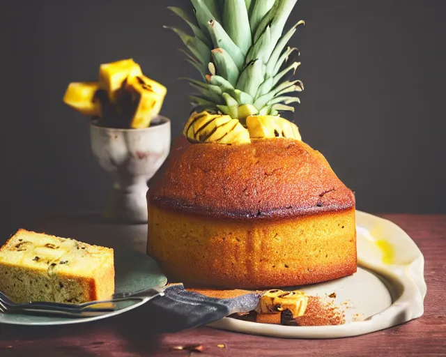 Image similar to dslr food photograph of a pineapple and banana cake, 8 5 mm f 1. 4