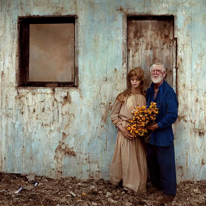 Image similar to closeup portrait of a couple holding flowers, standing in a desolate abandoned house, by Annie Leibovitz and Steve McCurry, natural light, detailed face, CANON Eos C300, ƒ1.8, 35mm, 8K, medium-format print