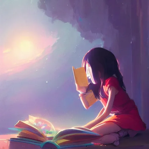 Prompt: beautiful girl reading a book, early morning, drops around, particles, shiny, Studio Ghibli, animated, illustrated, vibrant, by Greg Rutkowski, artstation, oil painting, detailed, 4k, colorful
