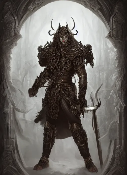 Prompt: high intricate male warrior with white baroque armor and black garment, demon lord, ancient forest, maria panfilova, andrea savchenko, mike kime, ludovic plouffe, qi sheng luo, oliver cook, julian calle, eddie mendoza, trending on artstation