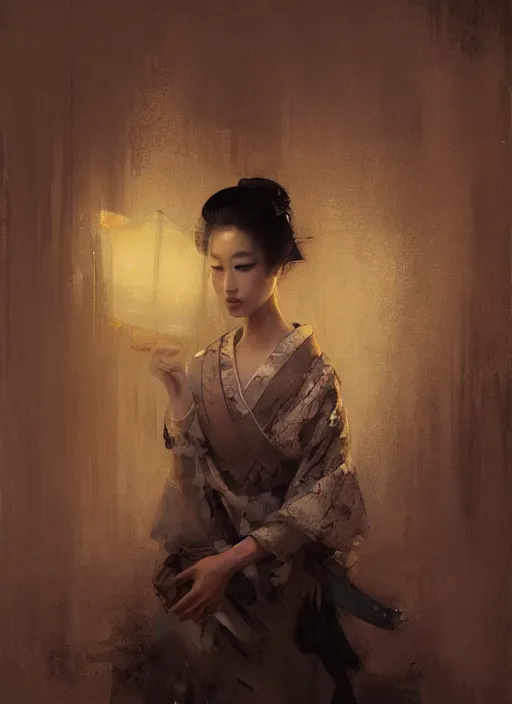 Image similar to female geisha girl, beautiful face, rule of thirds, intricate outfit, spotlight, by greg rutkowski, by jeremy mann, digital painting