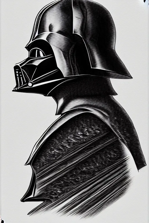 Image similar to sideview waist up portrait of darth vader by laurie greasley and rene magritte, etching by gustave dore, intricate, sharp focus, illustration, highly detailed, digital painting, concept art, masterpiece