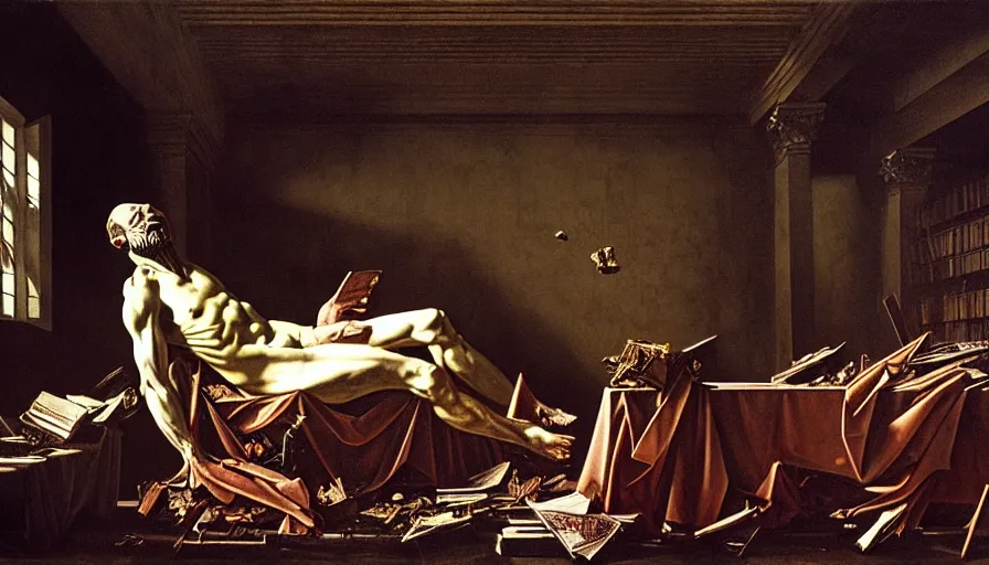 Prompt: the rotting god sitting on a throne in the destroyed library, night, death, fear, horror, religion, hyperrealism, detailed and intricate environment, by caravaggio, by gigger