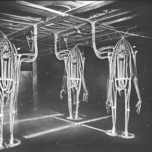 Prompt: old black and white photo, 1 9 1 3, depicting biomechanical aliens inside vats, historical record