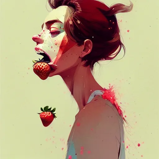 Prompt: a ultradetailed beautiful portait panting of a stylish woman with a strawberry in her mouth, by conrad roset, greg rutkowski and makoto shinkai, trending on artstation