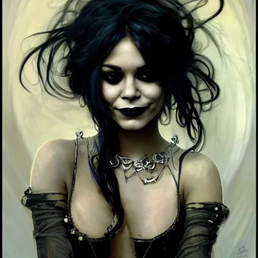 Image similar to beautiful portrait of vanessa hudgens as death from sandman, smiling, by cedric peyravernay, alphonse mucha, by jeremy mann, by lecouffe deharme, goth chic, soft lightning, eyeliner, punk rock, high detailed, 8 k