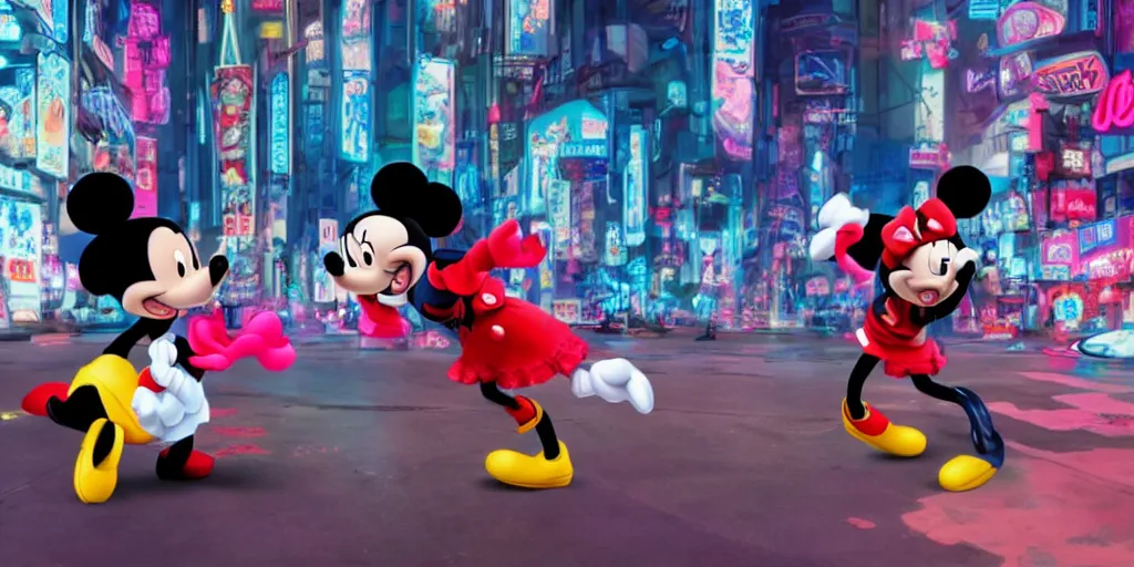 Prompt: emirichu and harley quinn fighting mickey mouse in a cyberpunk city