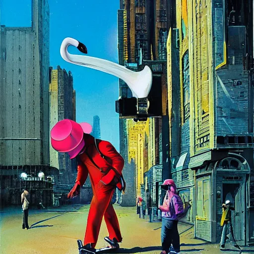 Prompt: a lone android walking in a city, he has a cubic computer screen for a face, on his head he is wearing a bucket hat made of a flamingo print cloth, by John Harri and Michael Whelan and John Berkey and Robert McCall and Chris Foss and Chris Moore and Vincent Di Fate and Rafał Olbiński and Jim Burns