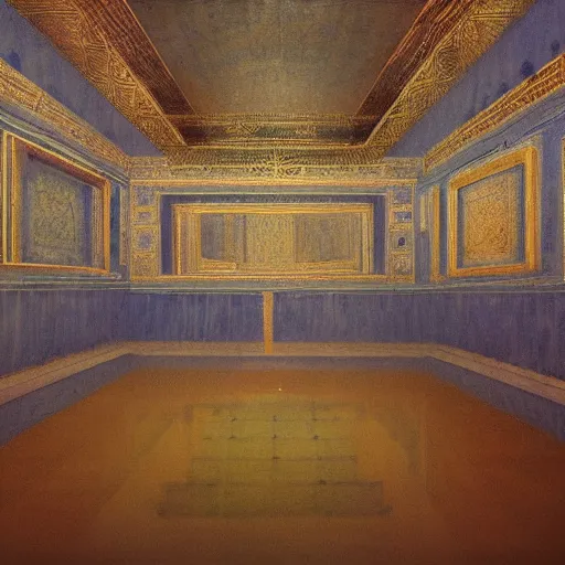 Prompt: a painting of a throne room , a raytraced image by Mikalojus Konstantinas Čiurlionis, polycount, metaphysical painting, hall of mirrors, egyptian art, concept art