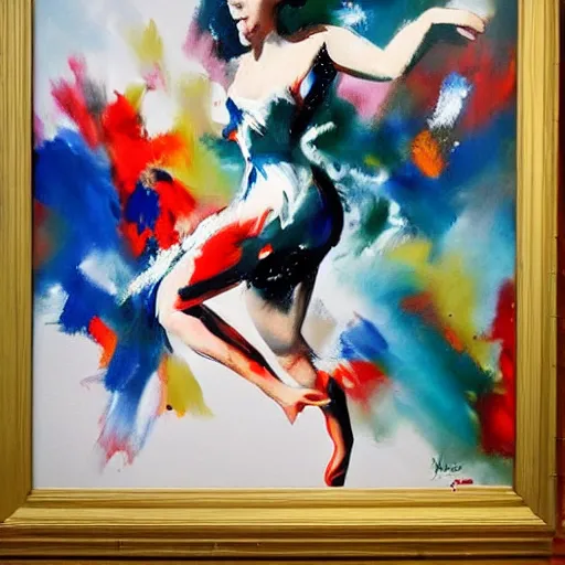 Image similar to a dynamically posed figure rendered in an expressive and stylized fashion showing movement with paint splashes