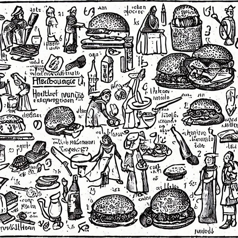 Image similar to middle age illustrated recipe for hamburger ( ( ( ( a bigmac hamburger ) ) ) ) lot of medieval enluminures in the background, explaining the recipe, schematic in a notebook