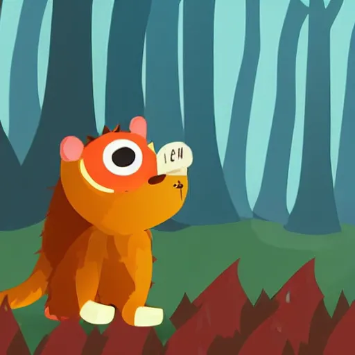 Image similar to a cute furry monster looking at a forest fire