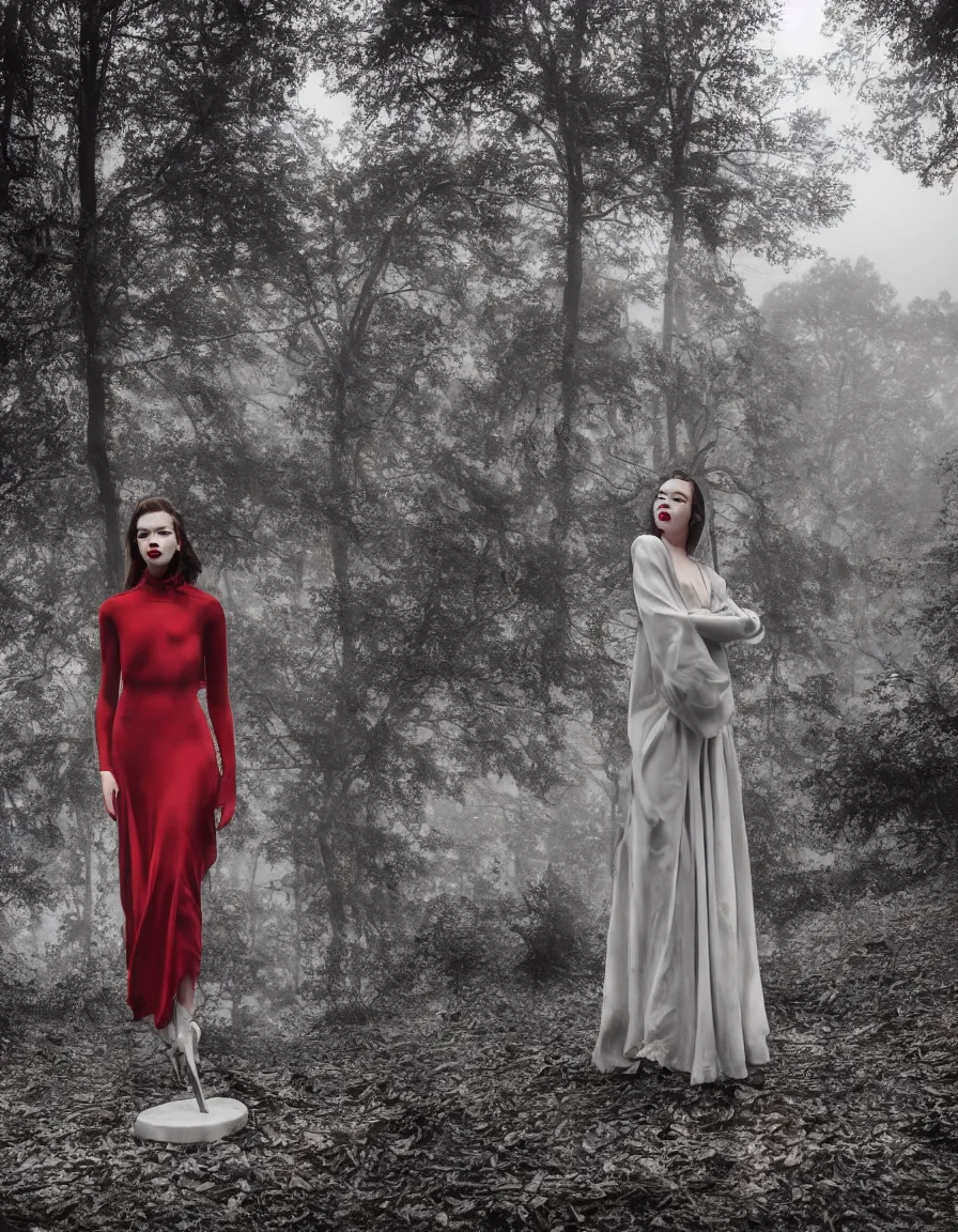 Image similar to hyper - realistic marble sculpture of anya taylor joy, red lipstick, vogue photoshoot, glamour, long dress, foggy forest at night, abandoned, gloomy, cloudy, full moon, darkness, hard lighting, full body portrait, photography