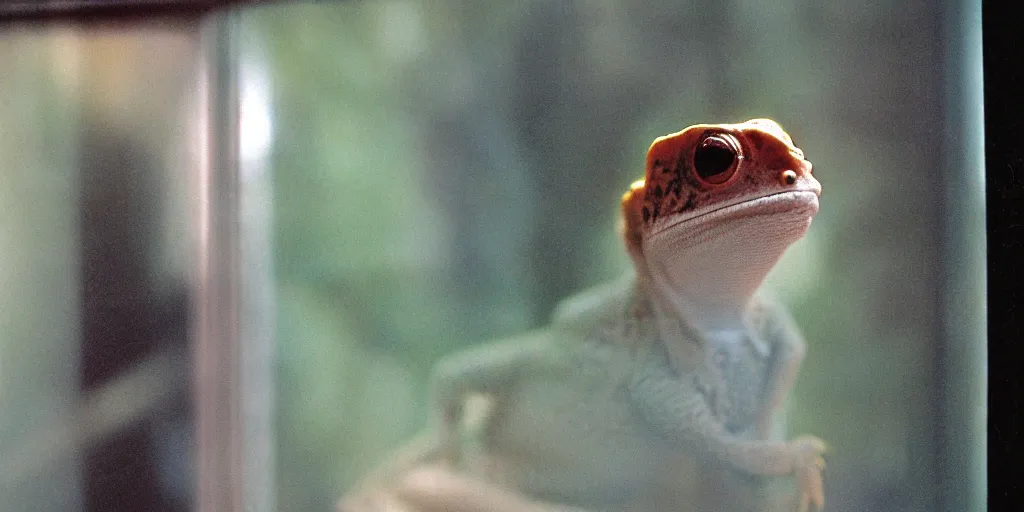 Image similar to 1980s magazine photo of a gecko next to a window with dappled natural light, smoky