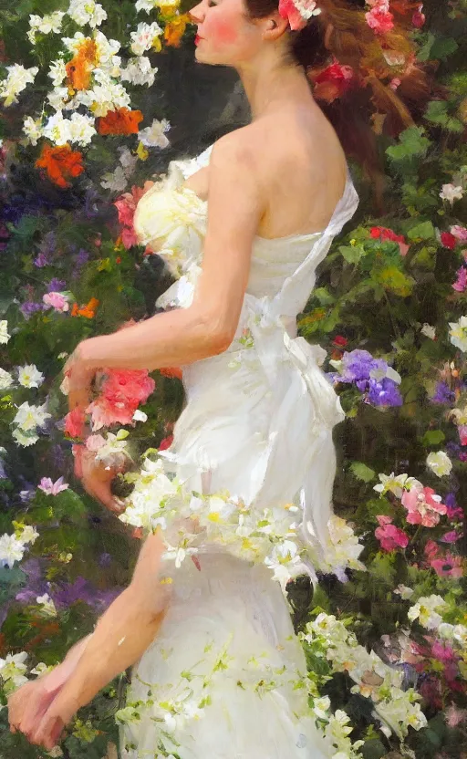 Image similar to romantic portrait of in an elegant dress surrounded by beautiful flowers, by gregory manchess, james gurney, james jean, realistic, photo, 8 k