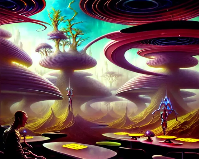 Image similar to a futuristic mcdonalds restaurant, fantasy landscape made of fractals facing each other, ultra realistic, wide angle, intricate details, the fifth element artifacts, highly detailed by peter mohrbacher, hajime sorayama, wayne barlowe, boris vallejo, aaron horkey, gaston bussiere, craig mullins