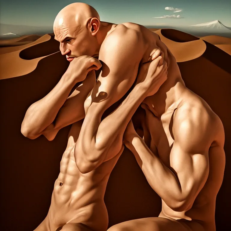 Prompt: tropical plant, young bald muscle white man in white desert, dune, baroque portrait painting, beautiful detailed intricate insanely detailed octane render trending on Artstation, 8K artistic photography, photorealistic, chiaroscuro, Raphael, Caravaggio